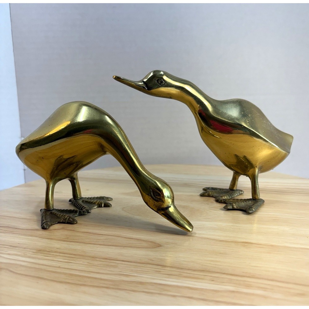 Vintage Solid Brass Geese Figurines - Pair of 2 MCM Mid Century Korea Decor